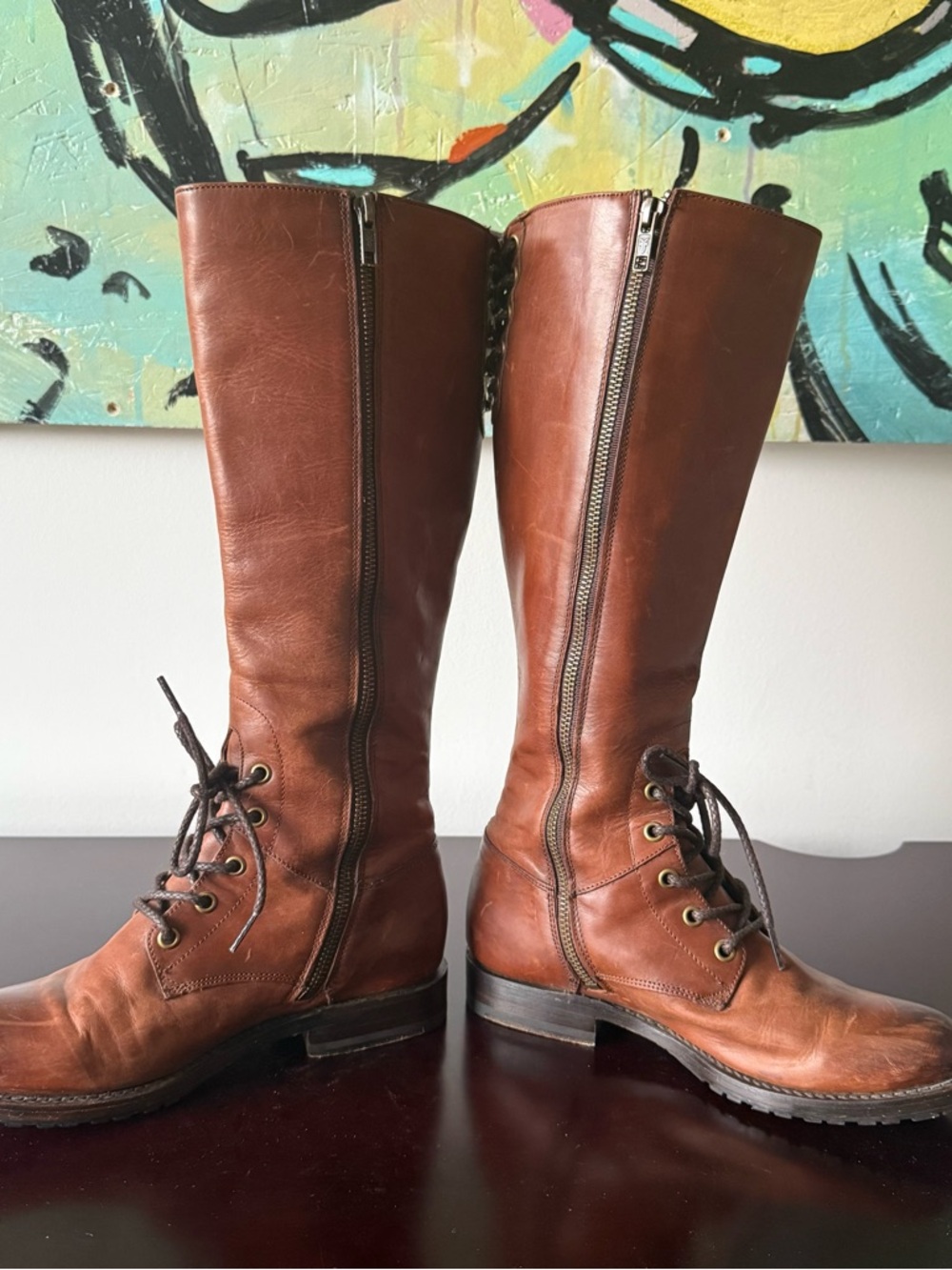 Frye - Women’s Tall Lace Up Leather Natalie Boot Combat Riding Boot - Brown US 7 - Picture 9 of 14